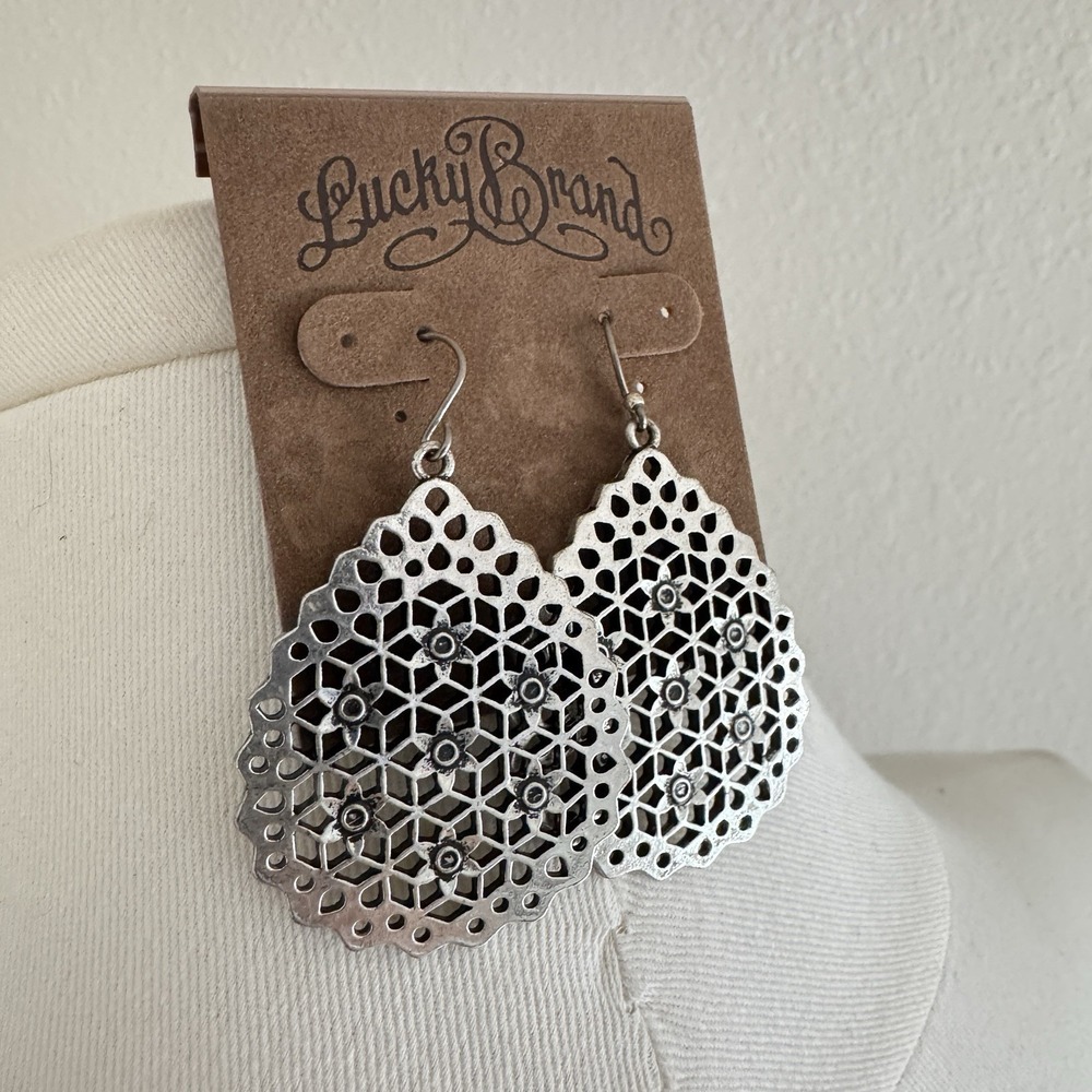 New Lucky Brand Silver Tone Tear Drop Earrings Party Mom Dangle Filigree Boho
